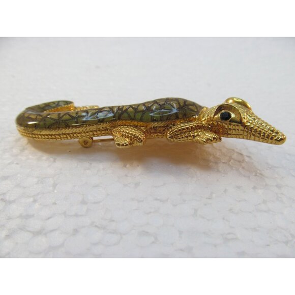 Gold Toned Alligator Brooch with Green Enamel Detailing - Picture 3 of 11